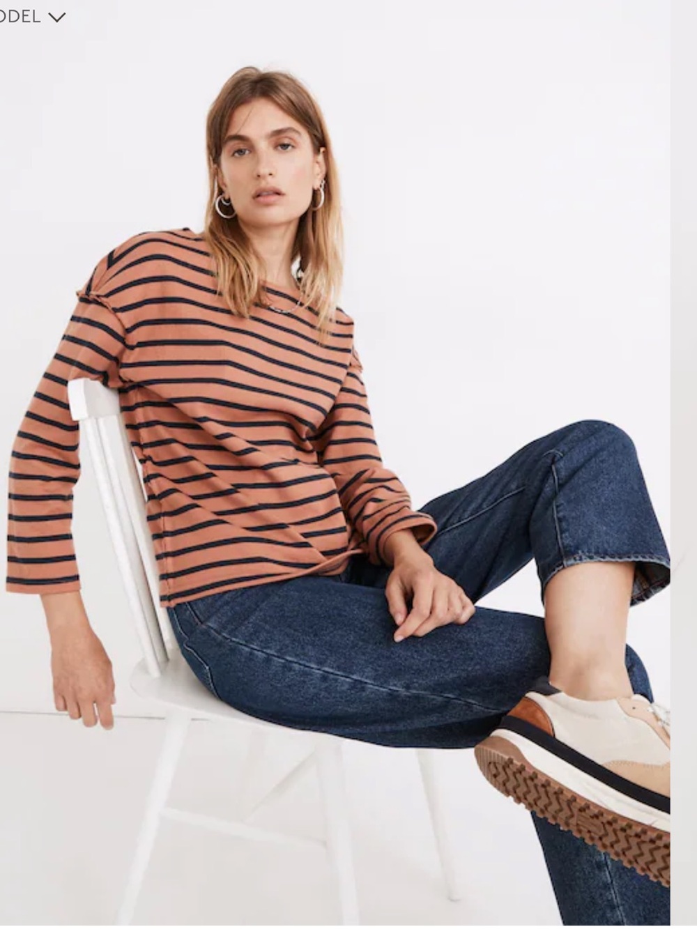 Madewell Luxe Long Sleeve Brown and Navy Striped Top Drop Shoulder Preppy